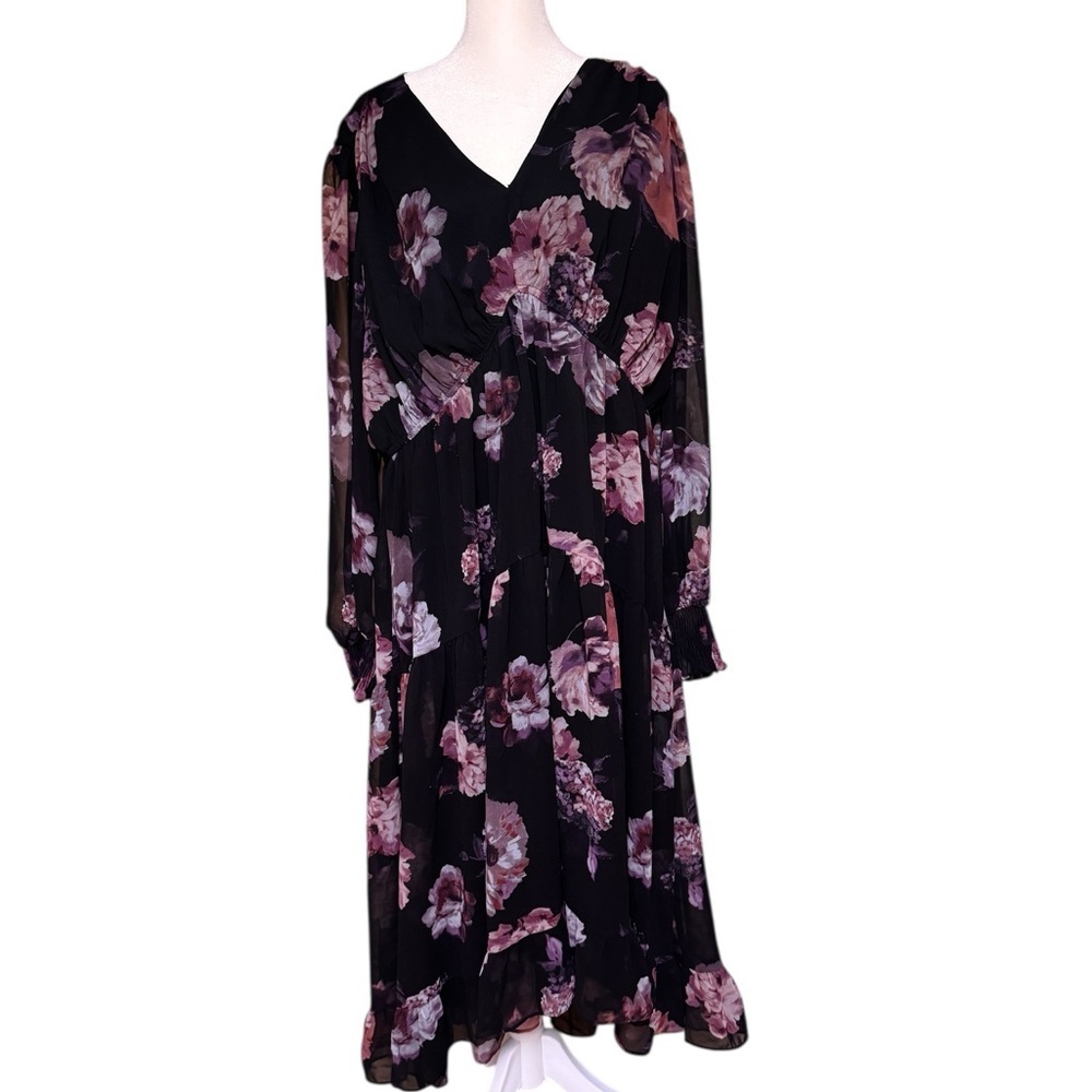 Taylor Woman Black Floral Ruffle Midi Dress Plus Size 3X (See Measurements) - Picture 4 of 5